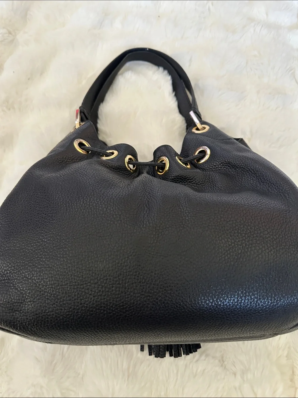 Michael Kors Black Pebbled Leather Tassel Shoulder Bag with Gold Hardware